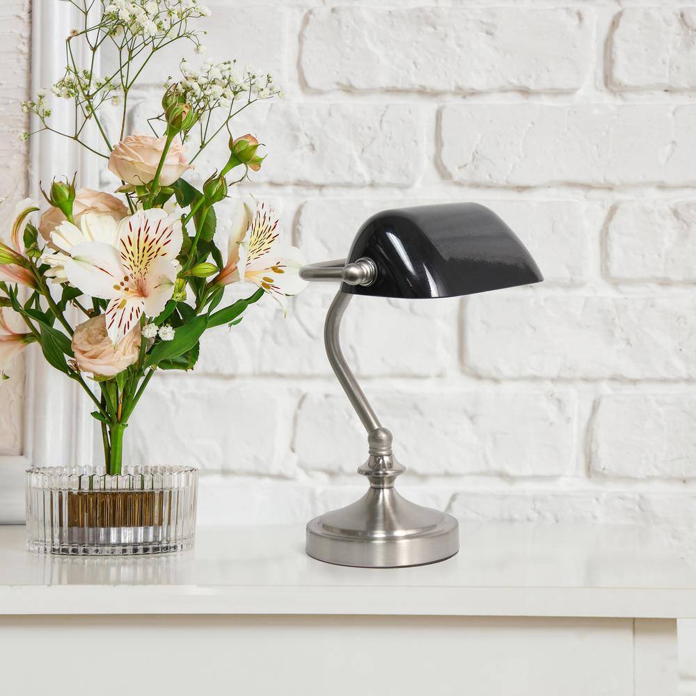 Petite Brushed Nickel Bankers Table Lamp with Black Glass Shade
