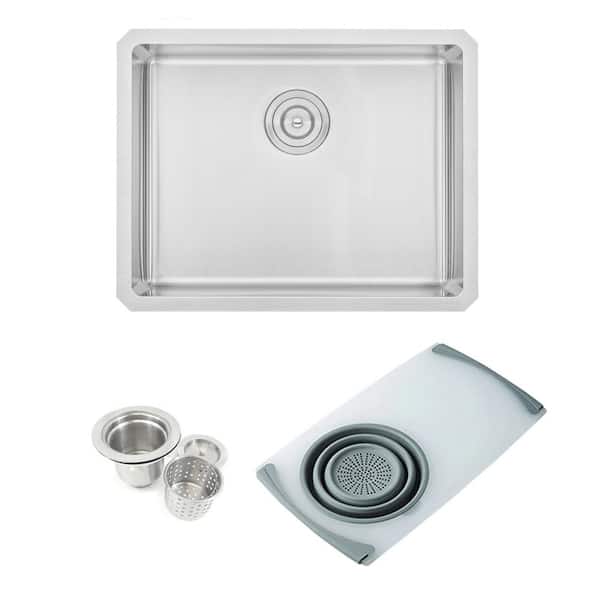 eModernDecor Undermount 16-Gauge Stainless Steel 23x18x10 in. Single Bowl Kitchen Sink Combo w/ Cutting Board Colander and Strainer