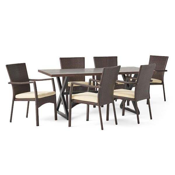 Noble House Adina 29 in. Brown 7-Piece Metal Rectangular Outdoor Patio Dining Set with Cream Cushions