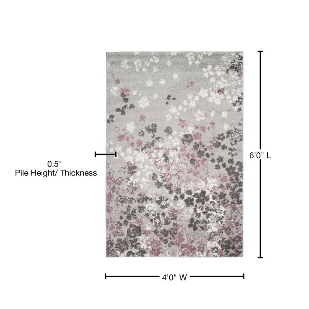 Light Grey and Purple Floral Synthetic 4' x 6' Area Rug