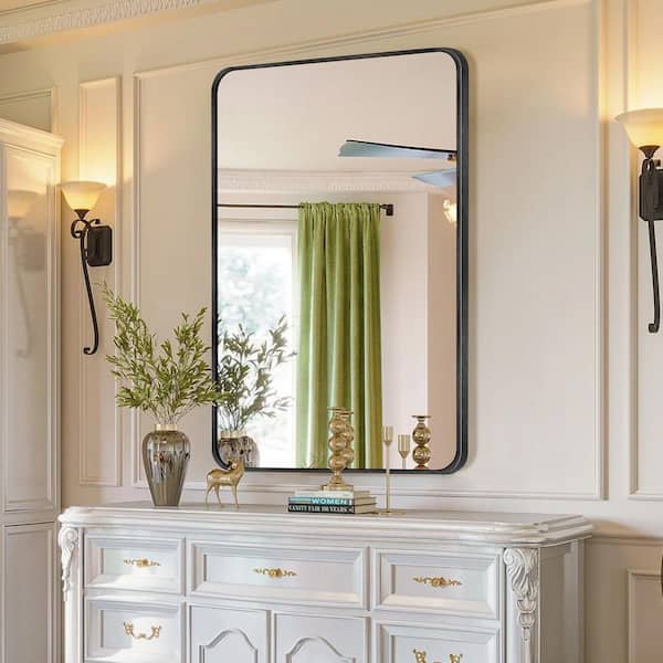 LuxHomez 30 in. W x 40. 2 in. H Rectangular Aluminum Frame Square Black Wall Mirror