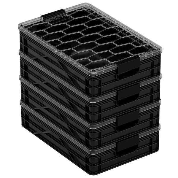 Quarter Crate 4-Pack Heavy Duty Stackable Storage Bins with Lids and Dividers Black