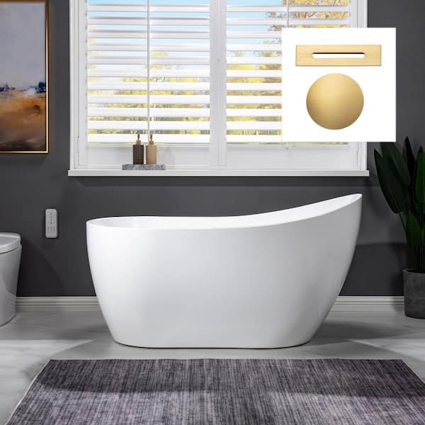 WOODBRIDGE Lannion 54 in. Acrylic FlatBottom Single Slipper Bathtub with Brushed Gold Overflow and Drain Included in White
