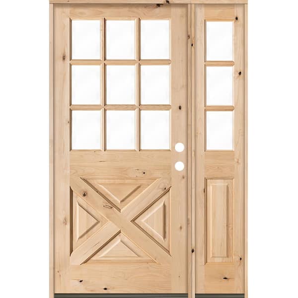 46 in. x 80 in. Knotty Alder 2-Panel Left-Hand/Inswing Clear Glass Unfinished Wood Prehung Front Door w/Right Sidelite