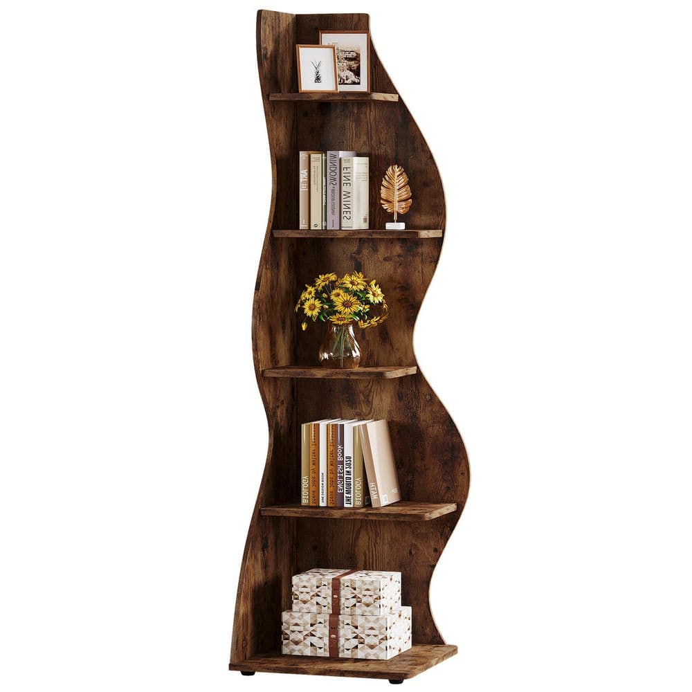 Eulas 69.8 in. Tall Rustic Brown Wood 5-Shelf Standard Bookcase Corner Bookshelf with Storage Shelf and Curvy Shape price history on PriceWatchPro
