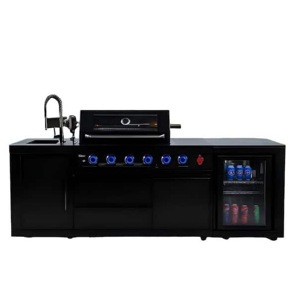 4-Burner Propane Outdoor Kitchen Grill Island with Wine Cooler, Sink and Granite Countertop in Stainless Steel