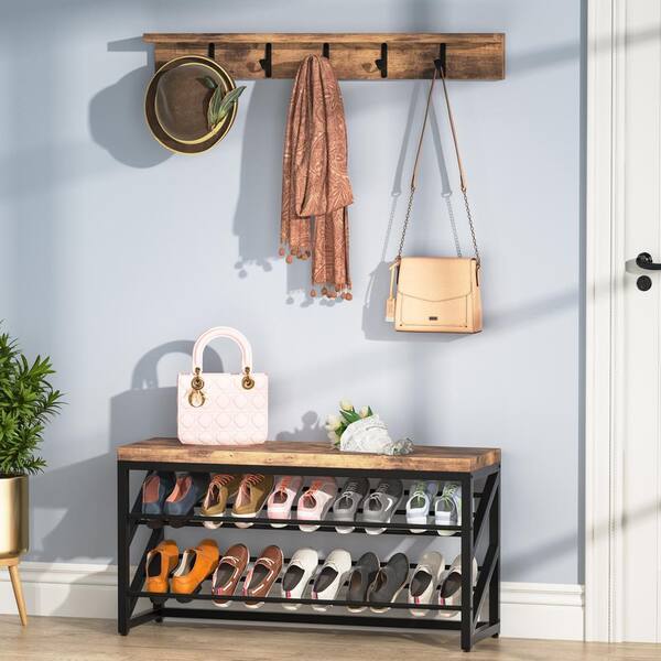 Byblight Carmalita Rustic Brown Hall Tree With Shoe Storage And Coat Rack Organizer Wall Mounted Shelf Hooks Bb Xk00070gx Byblight Carmalita Rustic Brown Hall, Wall Mounted Coat Rack With Shoe Storage