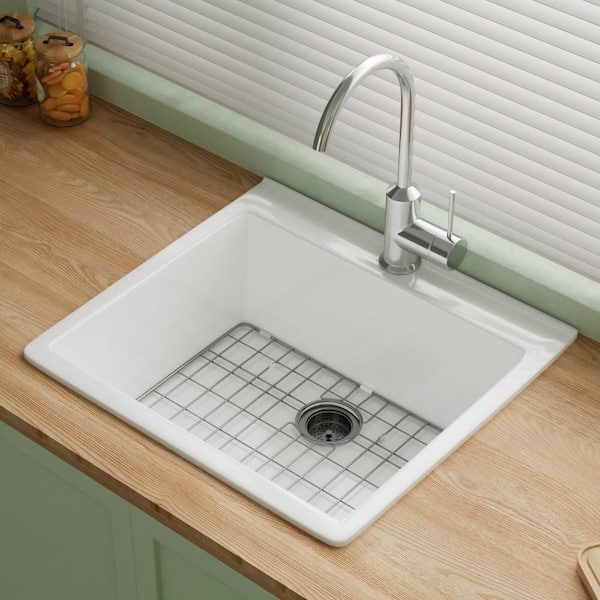Kitchen Sink 24 in. Drop in Single Bowl White Fireclay Kitchen 1-Faucet Hole and Bottom Grid with Strainer