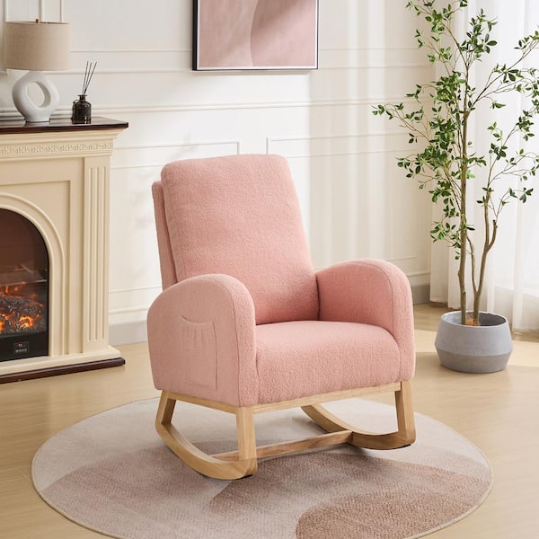 Noble House Modern Pink Sherpa Upholstered Rocking Accent Chair with Side Pocket