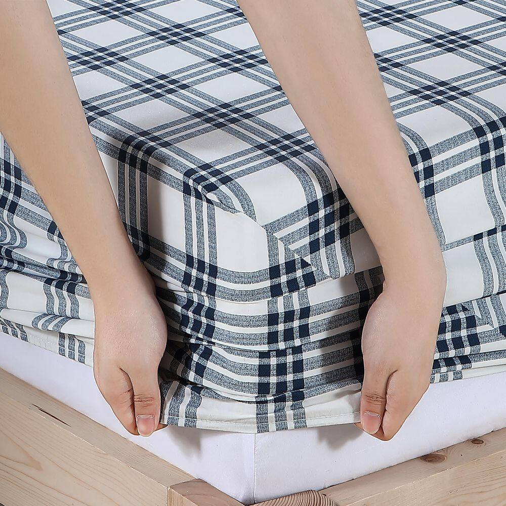 Navy and White Plaid Cotton Percale Queen Sheet Set