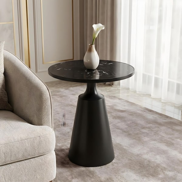 20 in. W Black Round Marble Pattern Stone Top Modern Side Table with Iron Base, No Assembly Required