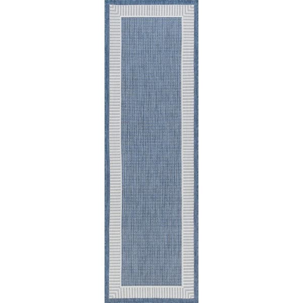 Tayse Rugs Eco Striped Border Blue 3 ft. x 10 ft. Indoor/Outdoor Runner Rug