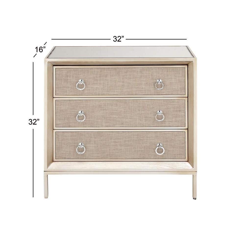 Beige Upholstered 3 Drawer Chest with Mirrored Top and Ring Handles