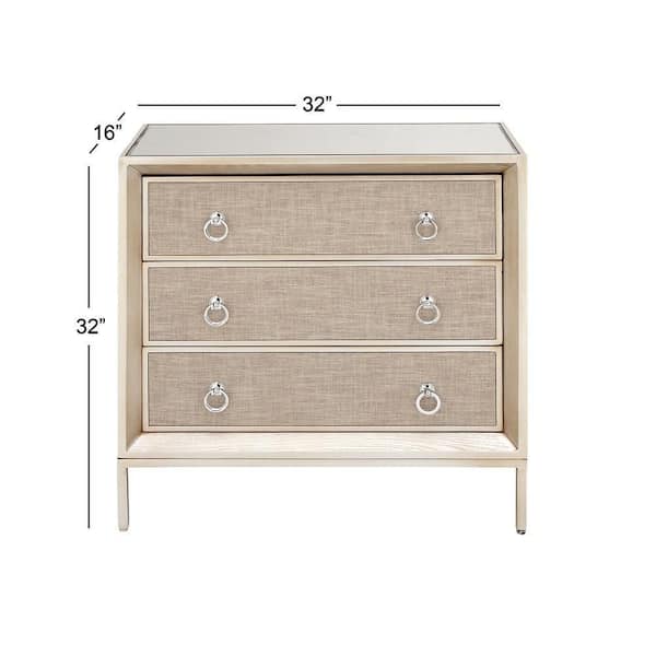 3 Drawer Beige Wood Upholstered Front Panel Chest with Mirrored Top and Ring Handles 32 in. X 32 in. X 16 in.
