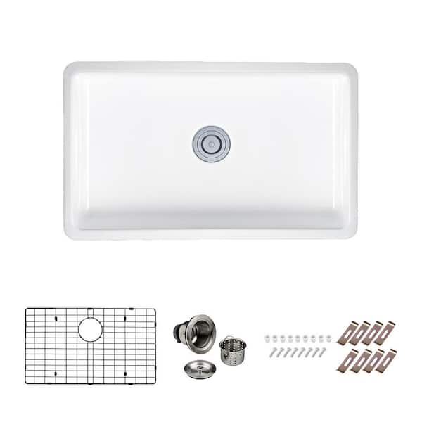 PELHAM & WHITE Kingsbridge Fireclay 29.75 in. Single Bowl Undermount Kitchen Sink with Bottom Grid, Drain