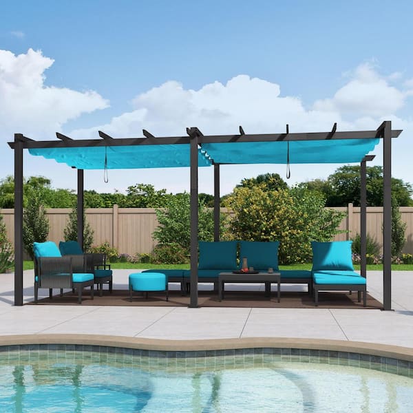 PURPLE LEAF 10 ft. x 18 ft. Gray Aluminum Frame Outdoor Patio Pergola Gazebo with Blue Retractable Sun Shade Canopy for Pavilion