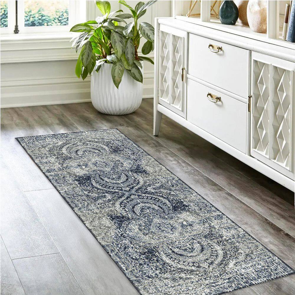 Blue-Beige Medallion Synthetic Runner Rug, 2' 7" x 8'