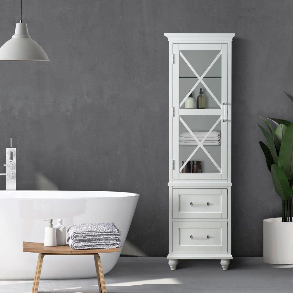 Blue Ridge 60" White Wooden Linen Tower with Adjustable Glass Shelves