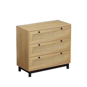 15.75 in. W x 30.31 in. D x 29.92 in. H Oak Beige Linen Cabinet with 3 Rope Woven Drawers