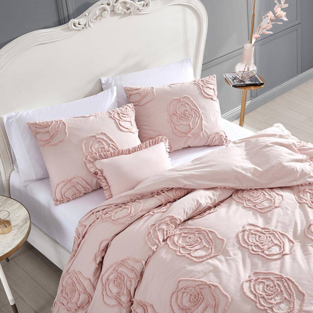 Blush Pink Cotton Full/Queen Duvet Cover Set with Tufted Roses