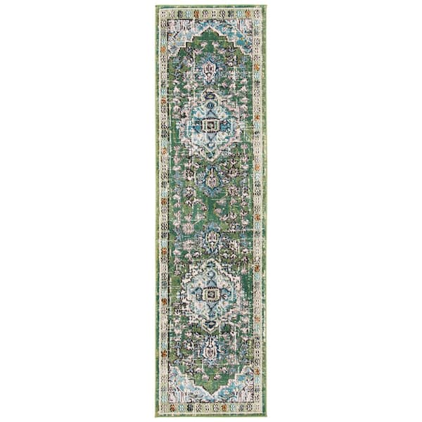 SAFAVIEH Monaco Green/Turquoise 2 ft. x 8 ft. Border Floral Runner Rug