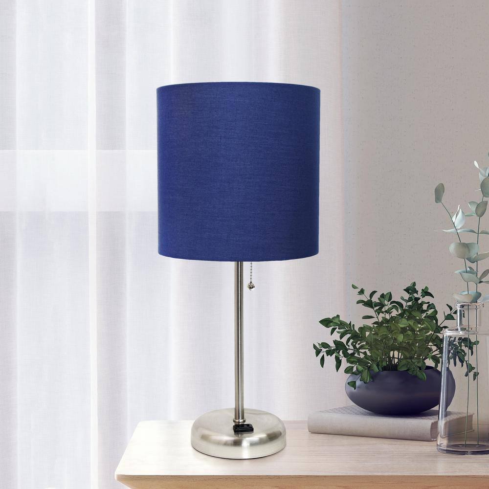 19.5" Navy Blue Fabric Shade Brushed Steel Nightstand Lamp
