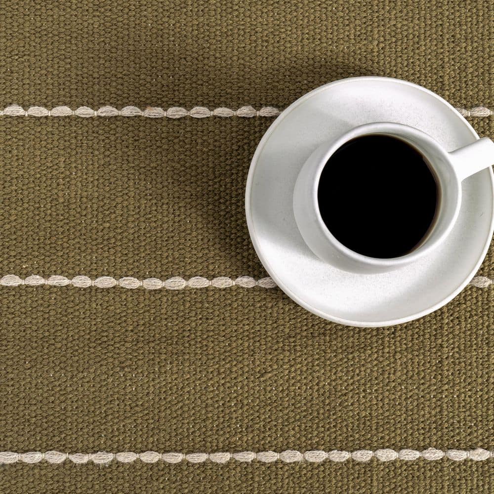 Handmade Olive Green Wool and Cotton Striped Rectangular Rug