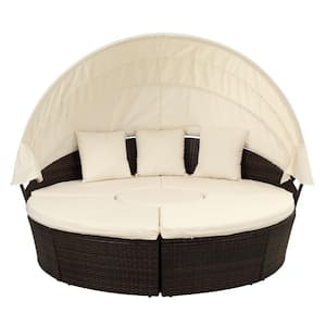 1-Piece Rattan Wicker Outdoor Daybed Sunbed Sectional with Beige Cushions