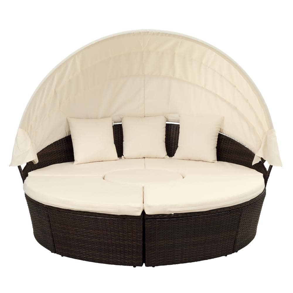 Wicker Outdoor Day Bed with Retractable Canopy, Separate Seating and Remova
