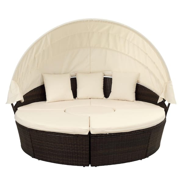 Wicker Outdoor Day Bed with Retractable Canopy, Separate Seating and  Removable Cushion Beige CX031AC-BG - The Home Depot