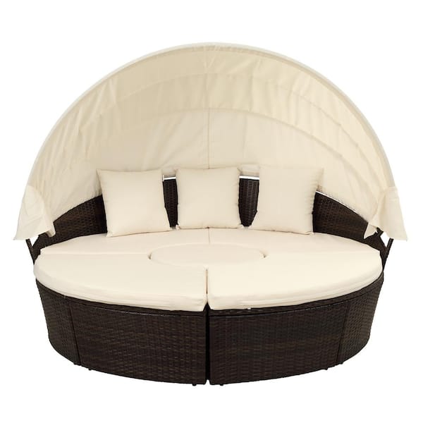 Willit Classic Brown Wicker Outdoor Chaise Lounge with Beige Cushions
