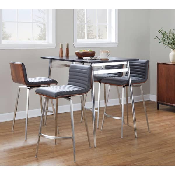 Marcel-Mason 5-Piece Grey Faux Leather Walnut Wood Stainless Steel Chrome Metal and Black Wood Counter Height Dining Set