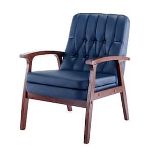 TD Garden Mid Century Outdoor Lounge Chair Retro Modern Wood Armchair with Blue Cushion
