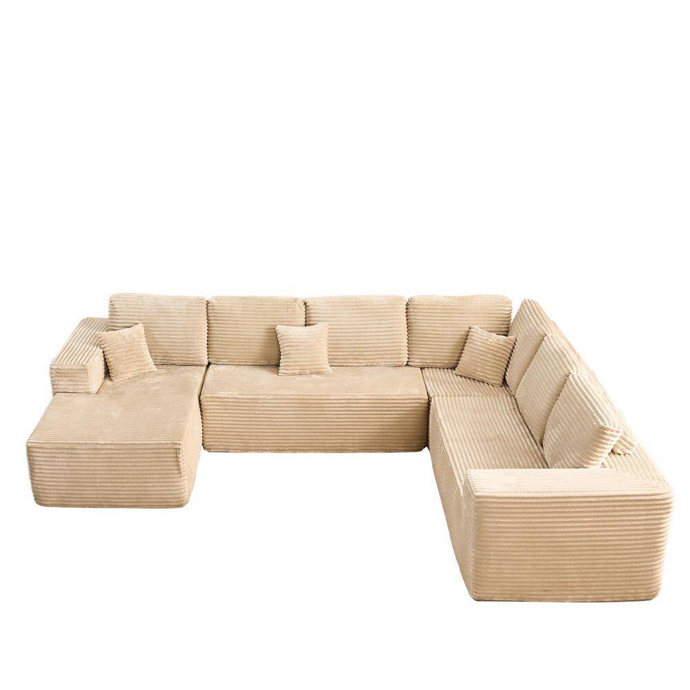 VJ 135 in. Wide Arm 4-Piece Modern Plush Corduroy U-Shape Modular Sectional Sofa in. Beige with Right Chaise