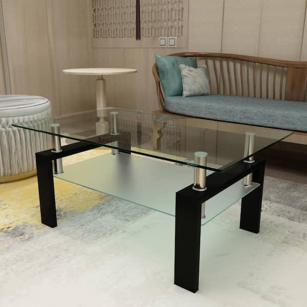 YOFE 39.37 in. Black Rectangle Glass Coffee Table with Open Shelf Accent Table for Living Room