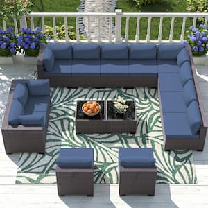 14-Piece Wicker Outdoor Sectional Set with Cushions Navy Blue
