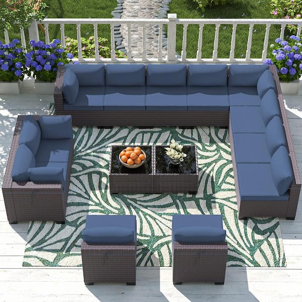Halmuz 14-Piece Wicker Outdoor Sectional Set with Cushions Navy Blue