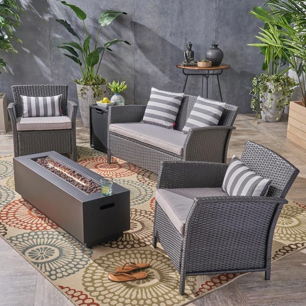 Noble House St. Lucia Gray 5-Piece Faux Rattan Outdoor Patio Fire Pit Conversation Set with Silver Cushions
