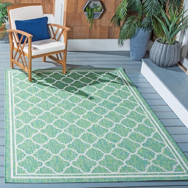 Courtyard Green/Ivory 7 ft. x 10 ft. Border Quatrefoil Indoor/Outdoor Patio  Area Rug