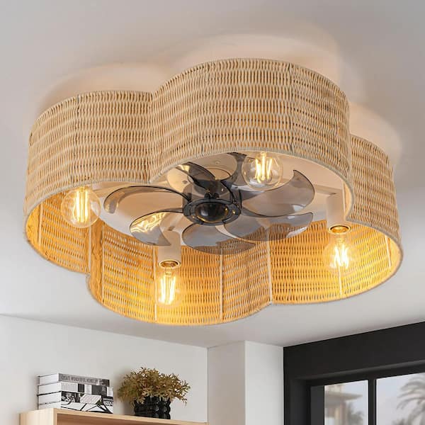 23. 75 in. Indoor 6-Speed White Finish Woven Flower Rattan Ceiling Fan with Remote Control