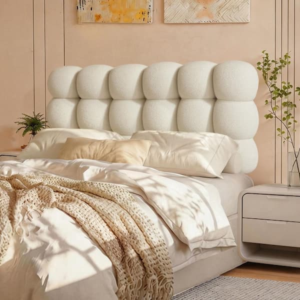 Beige Full Size Teddy Fleece Cloud-Shape Headboard with High-Density Foam-Soft Plush Upholstered Bedhead for Bedroom