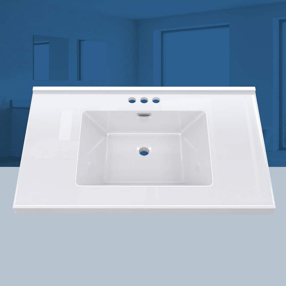 NTQ 36 in. W x 22 in. D Solid Surface Resin Rectangular Single Sink Bathroom Vanity Top White ...