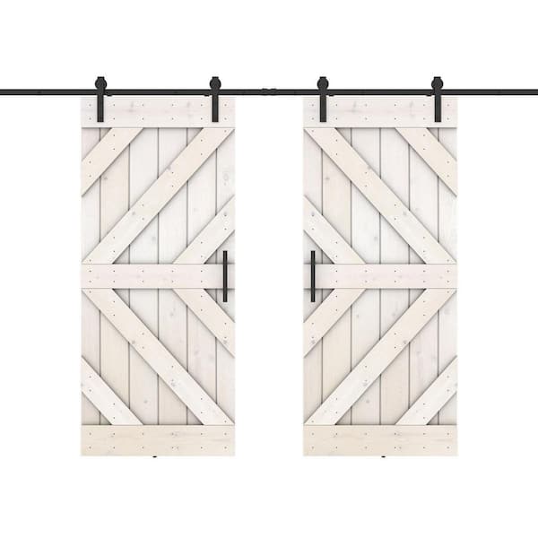 Dessliy Triple KL 48 in. x 84 in. White Finished Pine Wood Sliding Barn Door with Hardware Kit (DIY)