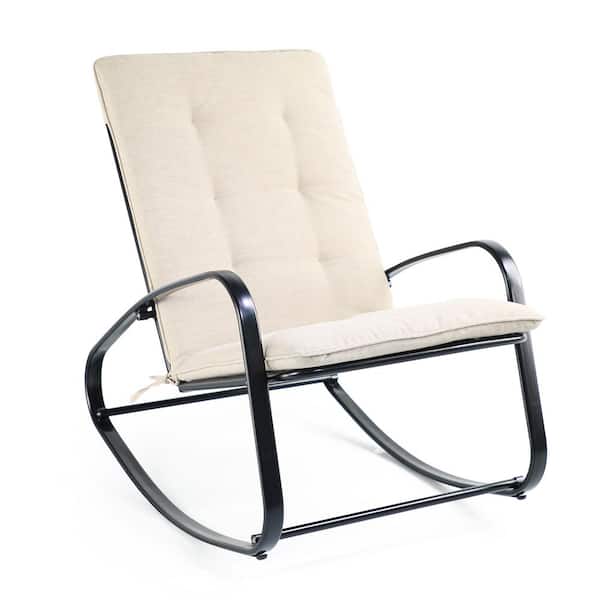 Freestyle Metal Black Outdoor Rocking Chair with Beige Cushions