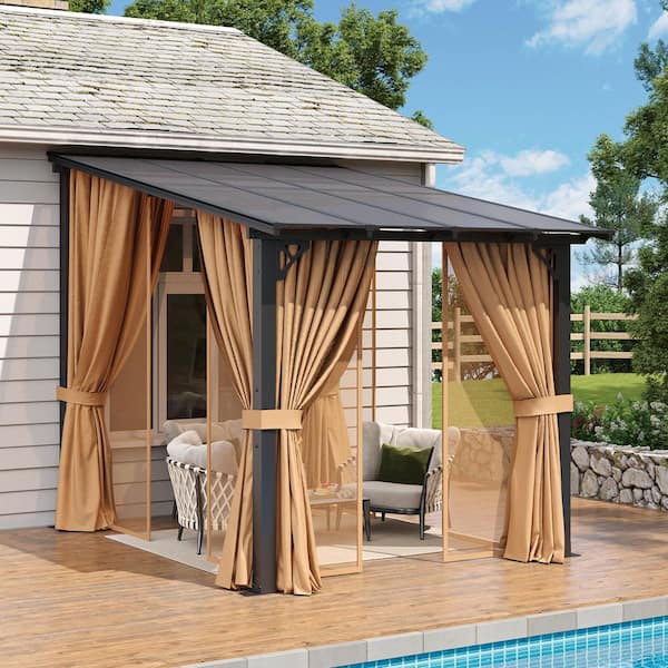 8 ft. x 10 ft. Wall-Mounted Sloped Roof Hardtop Gazebo with Polycarbonate Panels with Netting and Curtain