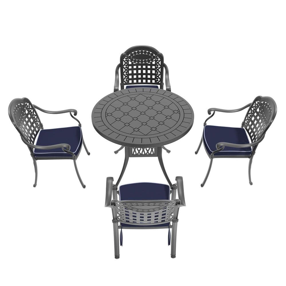 Black 5-Piece Cast Aluminum Round Outdoor Dining Set with Blue Cushions durable construction price history on PriceWatchPro