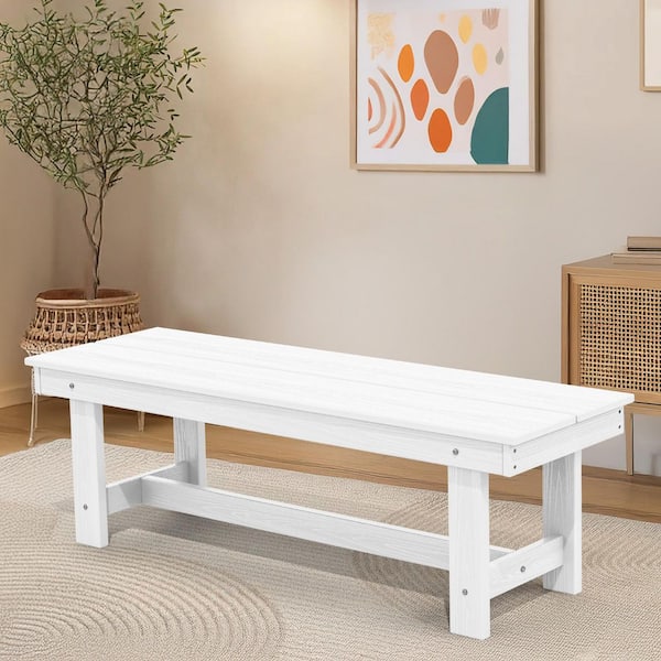 56.3 in. W Outdoor Patio HDPE Plastic All-Weather Resistant Ottoman Backless Dining Bench in White