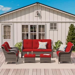 6-Piece Steel Outdoor Patio Conversation Seating Set Backyard Garden with Red Cushions