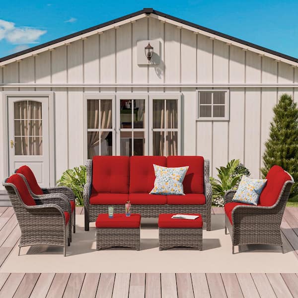 6-Piece Steel Outdoor Patio Conversation Seating Set Backyard Garden with Red Cushions