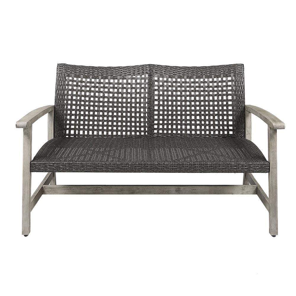 Misopily Gray Wicker Outdoor Love Seat with Acacia Wood Finish for